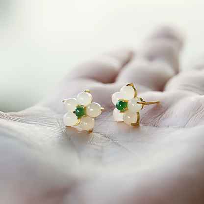 White Jade Flower Stud Earrings—Handmade Lucky Charm Blessing Jewelry for Women,14K Gold Plating