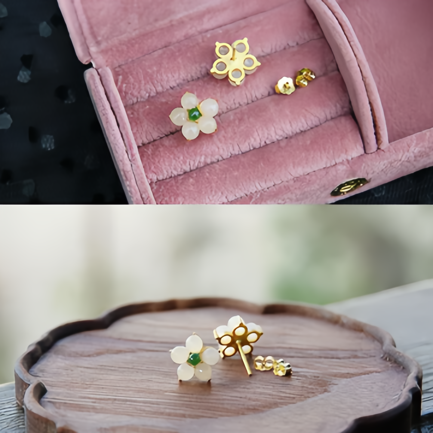 White Jade Flower Stud Earrings—Handmade Lucky Charm Blessing Jewelry for Women,14K Gold Plating
