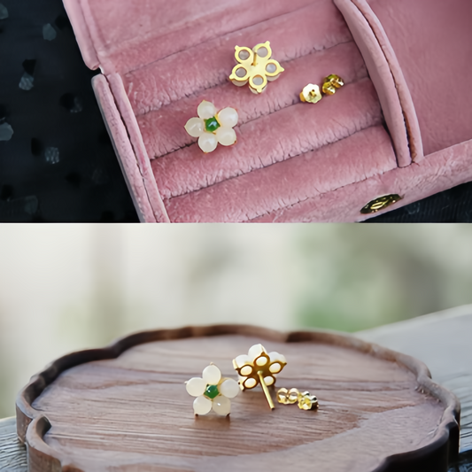 White Jade Flower Stud Earrings—Handmade Lucky Charm Blessing Jewelry for Women,14K Gold Plating