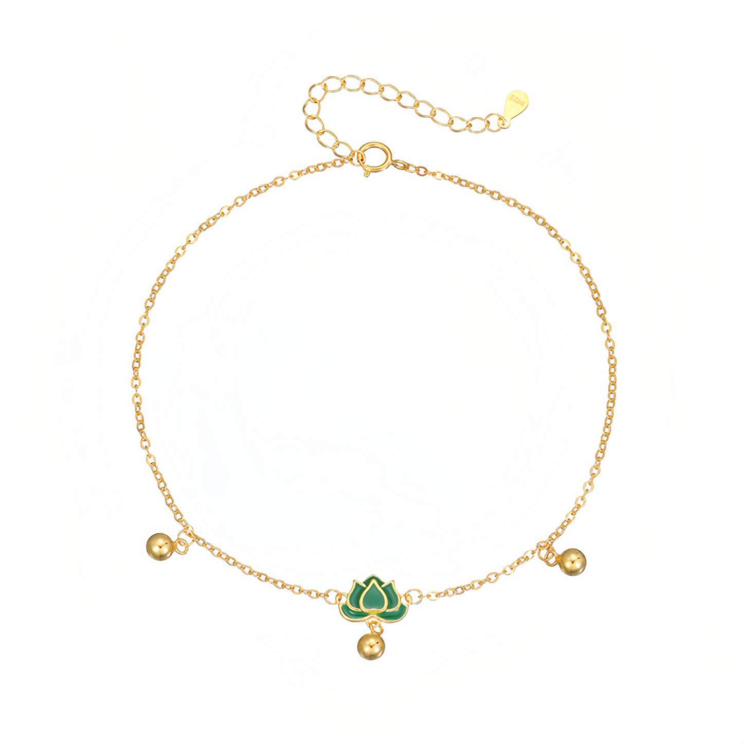 S925 Sterling Silver Vintage Lotus Ankle Bracelet & Wrist Chain with Green Stone Beads, Adjustable Retro Jewelry for Women