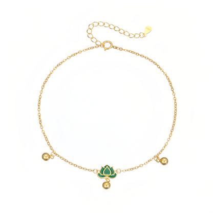 S925 Sterling Silver Vintage Lotus Ankle Bracelet & Wrist Chain with Green Stone Beads, Adjustable Retro Jewelry for Women