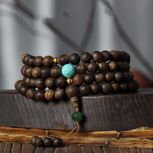 108 Mala Beads Nha Trang Agarwood Turquoise Prayer Meditation Bracelet Mala