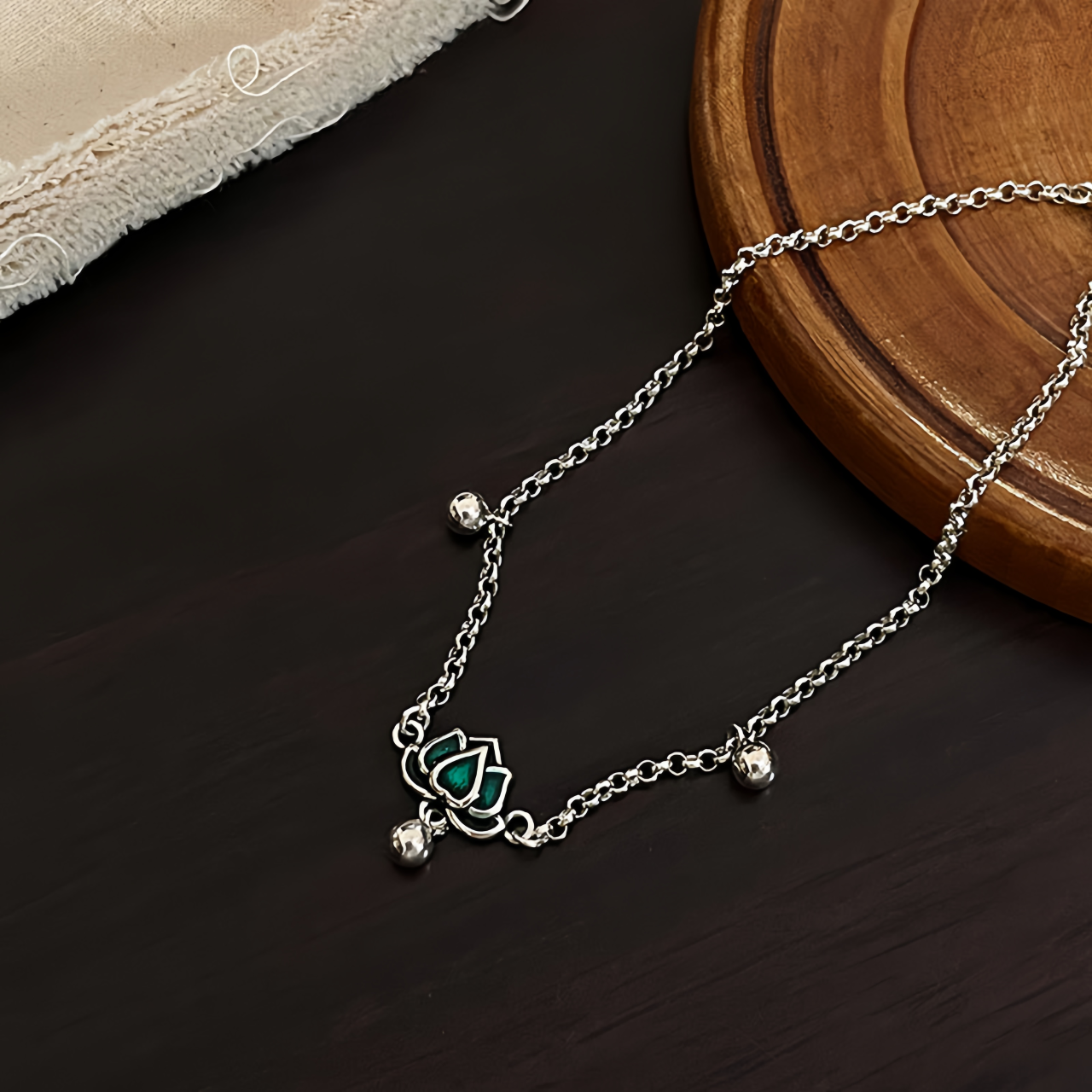 S925 Sterling Silver Vintage Lotus Ankle Bracelet & Wrist Chain with Green Stone Beads, Adjustable Retro Jewelry for Women