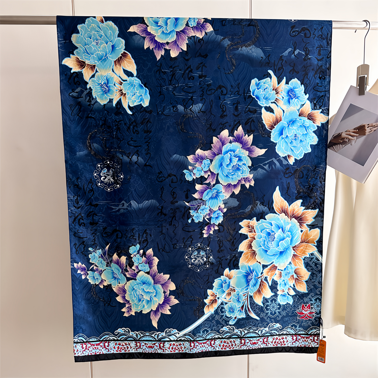 2025 UV-Protective Handwoven Silk Scarf - Vintage Blue Peony & Bamboo Lightweight Ethno Fashion
