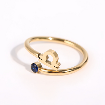 Zodiac Birthstone Titanium Steel Ring with Rune Symbols - Adjustable Open  Zircon Astrology Jewelry