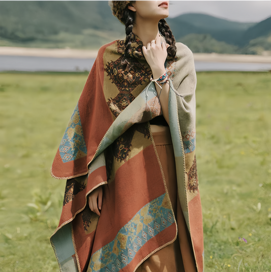 Tibetan Shawl Diamond Pattern Winter Warm Cloak Scarf