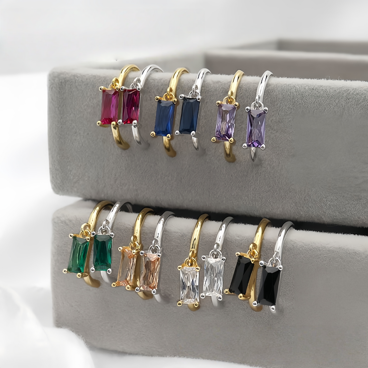Multicolor Cubic Zirconia Rectangle Earrings - 925 Silver Hypoallergenic Minimalist Elegant Jewelry for Women