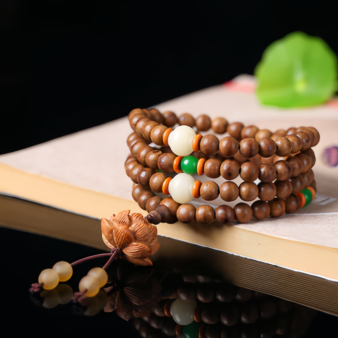 108 Peachwood Lotus Zen Meditation Mala Beads - Natural Handmade Adjustable Unisex Spiritual Jewelry