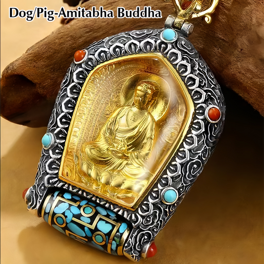 Tibet Chinese Zodiac Natal Buddha Thangka  Prosperity Rotatable Dzi Bead Necklace Pendant