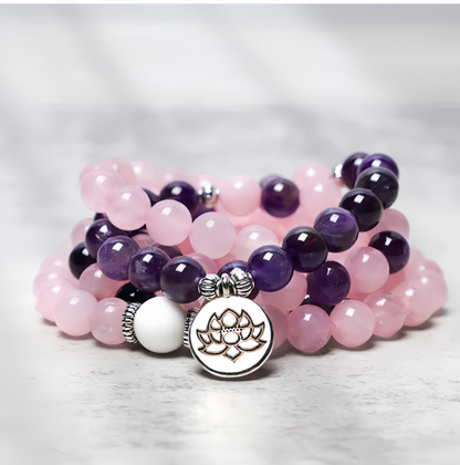 Healing Energy Jewelry:  108 Natural Rose Quartz & Amethyst Mala Bead Lotus Pendant Bracelet