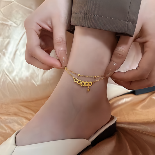 Double Layer Vintage Copper Coin Anklet for Women - Adjustable Lucky Wealth Anklet Chain