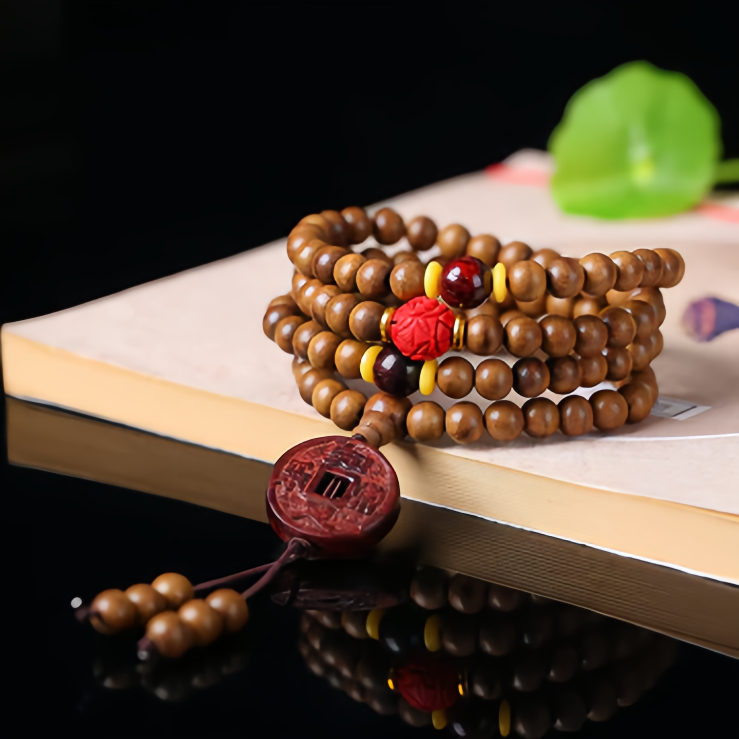 108 Peachwood Lotus Zen Meditation Mala Beads - Natural Handmade Adjustable Unisex Spiritual Jewelry