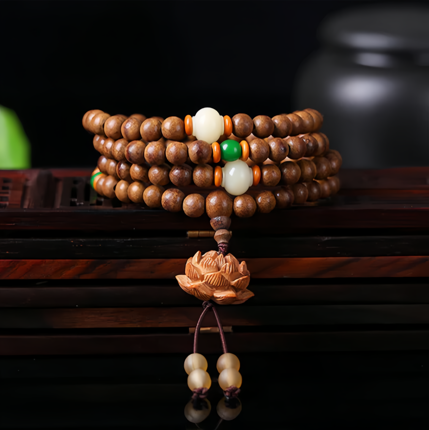 108 Peachwood Lotus Zen Meditation Mala Beads - Natural Handmade Adjustable Unisex Spiritual Jewelry