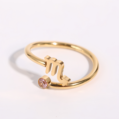 Zodiac Birthstone Titanium Steel Ring with Rune Symbols - Adjustable Open  Zircon Astrology Jewelry