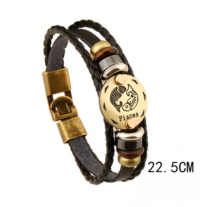 12 Zodiac Signs Handmade Leather Couple Bracelet with Hematite Totem Stone - Mystical Love Jewelry for 2025
