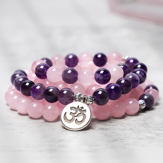 Healing Energy Jewelry:  108 Natural Rose Quartz & Amethyst Mala Bead Lotus Pendant Bracelet